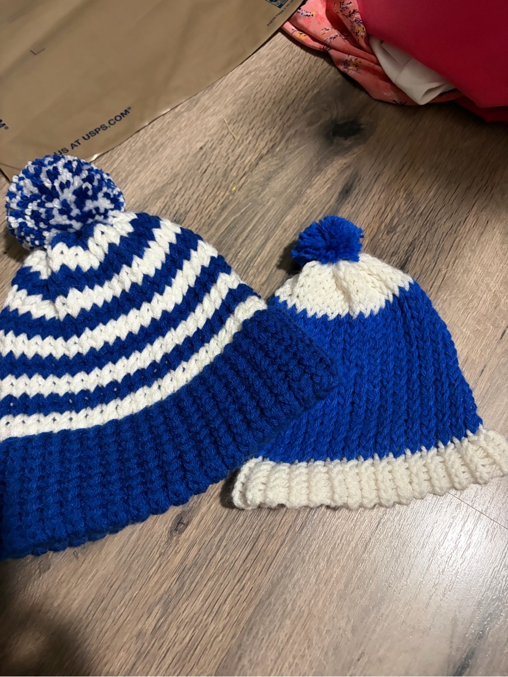 Royal Blue & White Pom Pom Winter Beanie Set